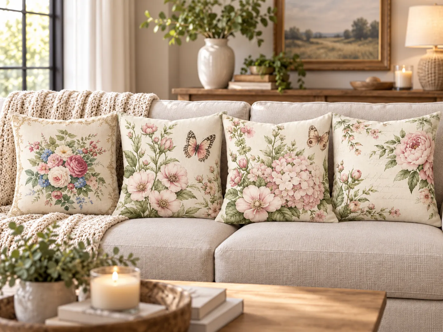 Fresh and Light sofa styled with floral Throwit.ca covers