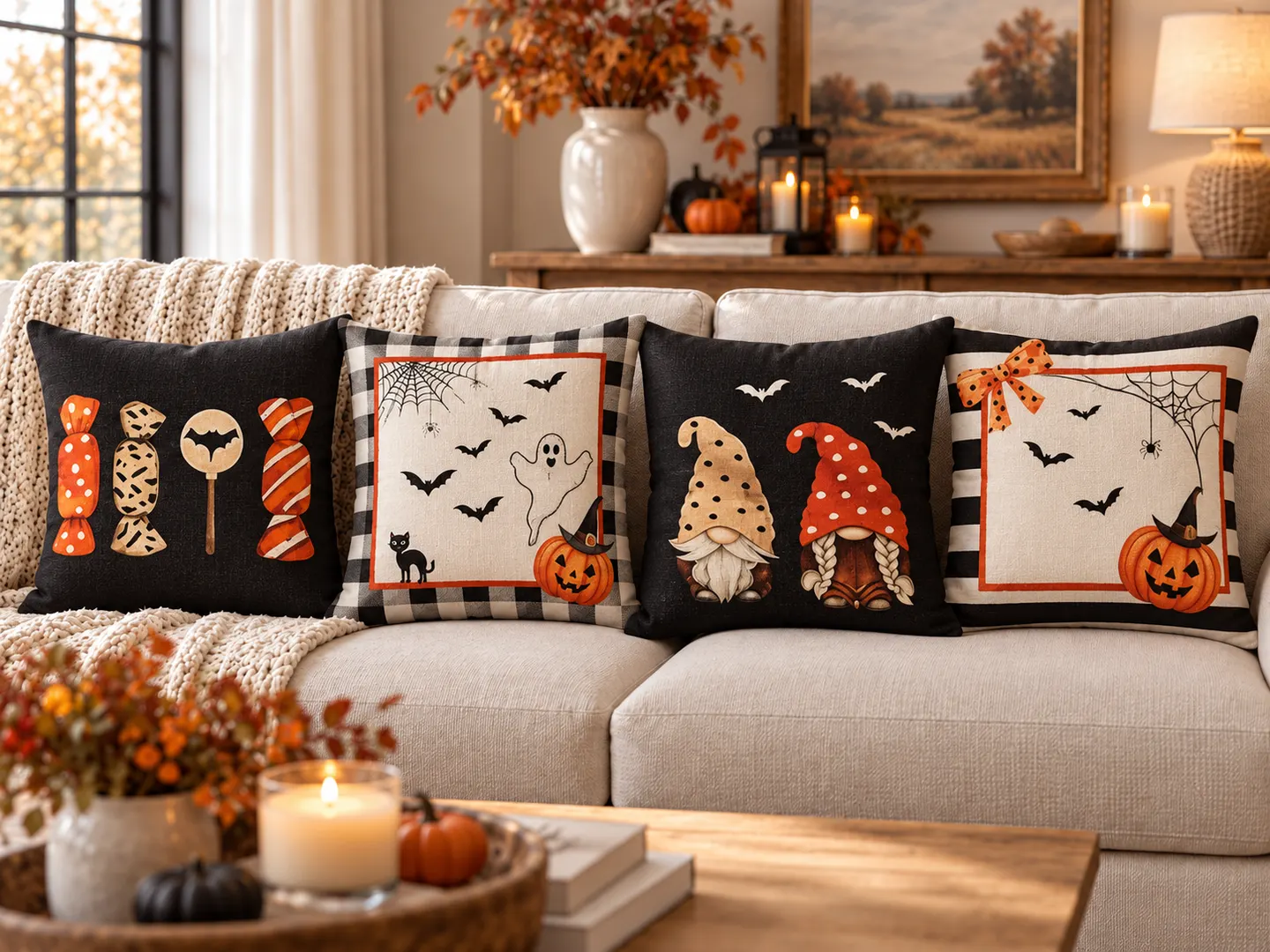 A cozy Halloween sofa styled with four Throwit.ca covers