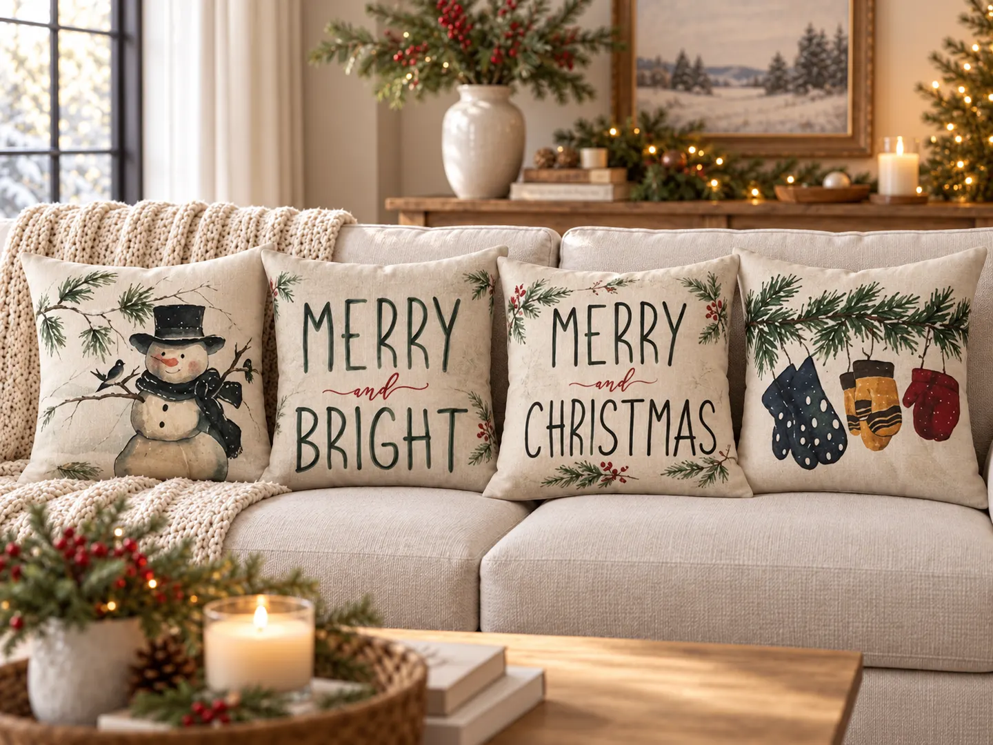 Heart and Hearth sofa styled with coordinated Christmas covers