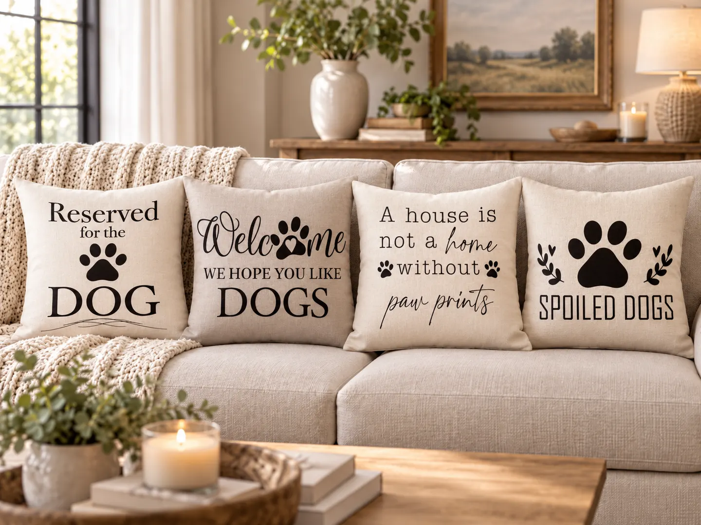 Lived-In Love sofa styled with pet themed Throwit.ca covers