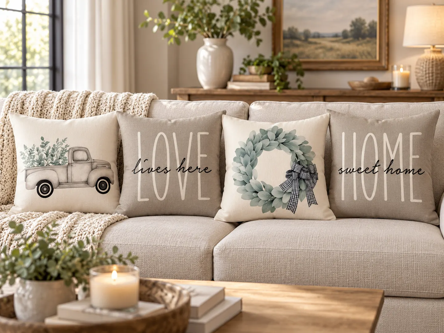 Quiet Morning sofa styled with coordinated Throwit.ca covers